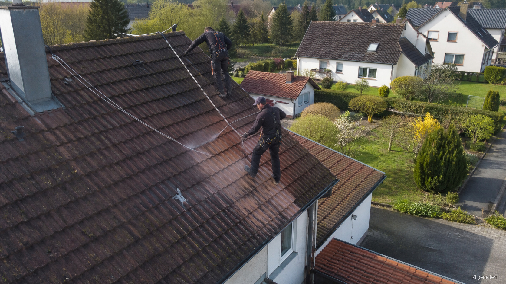 Reinigung einer Dachfläche aus der Luft betrachtet